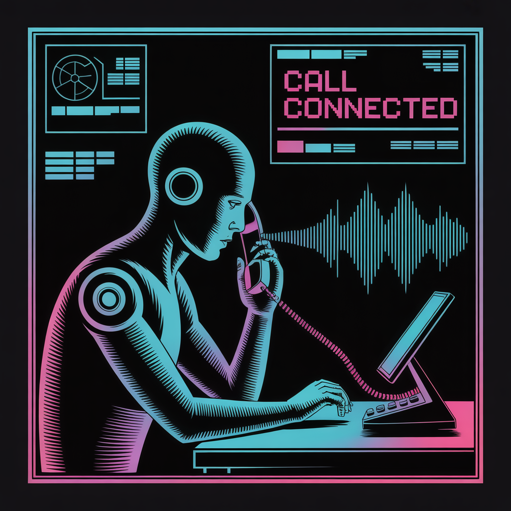 AI receptionist figure professionally answering phone calls at a futuristic desk