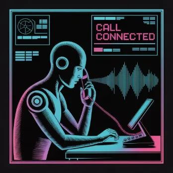 AI receptionist figure professionally answering phone calls at a futuristic desk