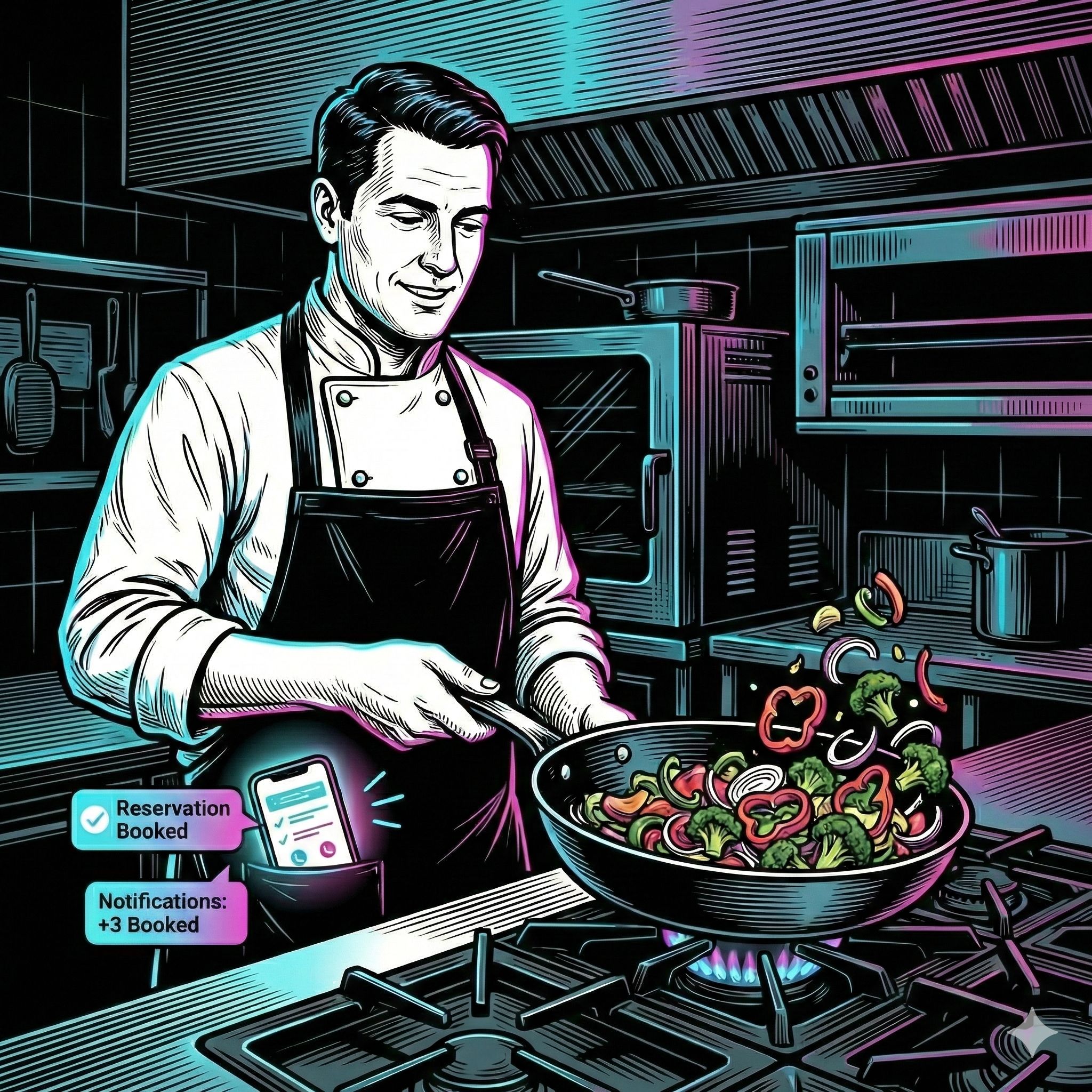 Restaurant owner working in kitchen while business calls go unanswered