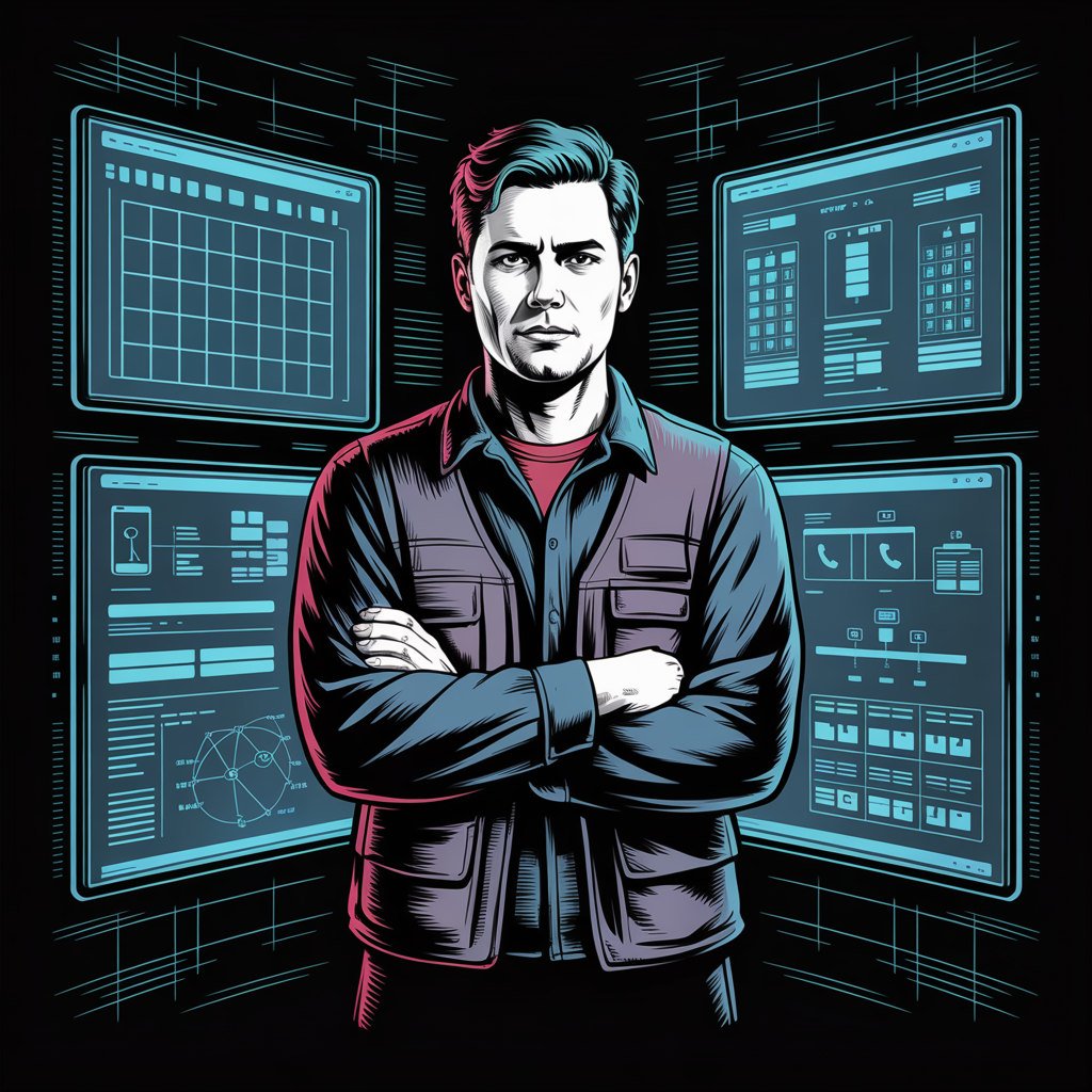 Business owner standing confidently at a command center with holographic dashboards displaying operations