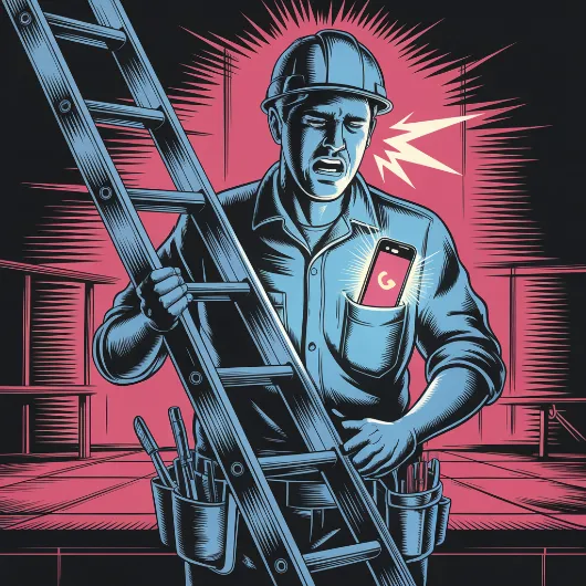 Contractor on scaffolding with phone buzzing, unable to answer