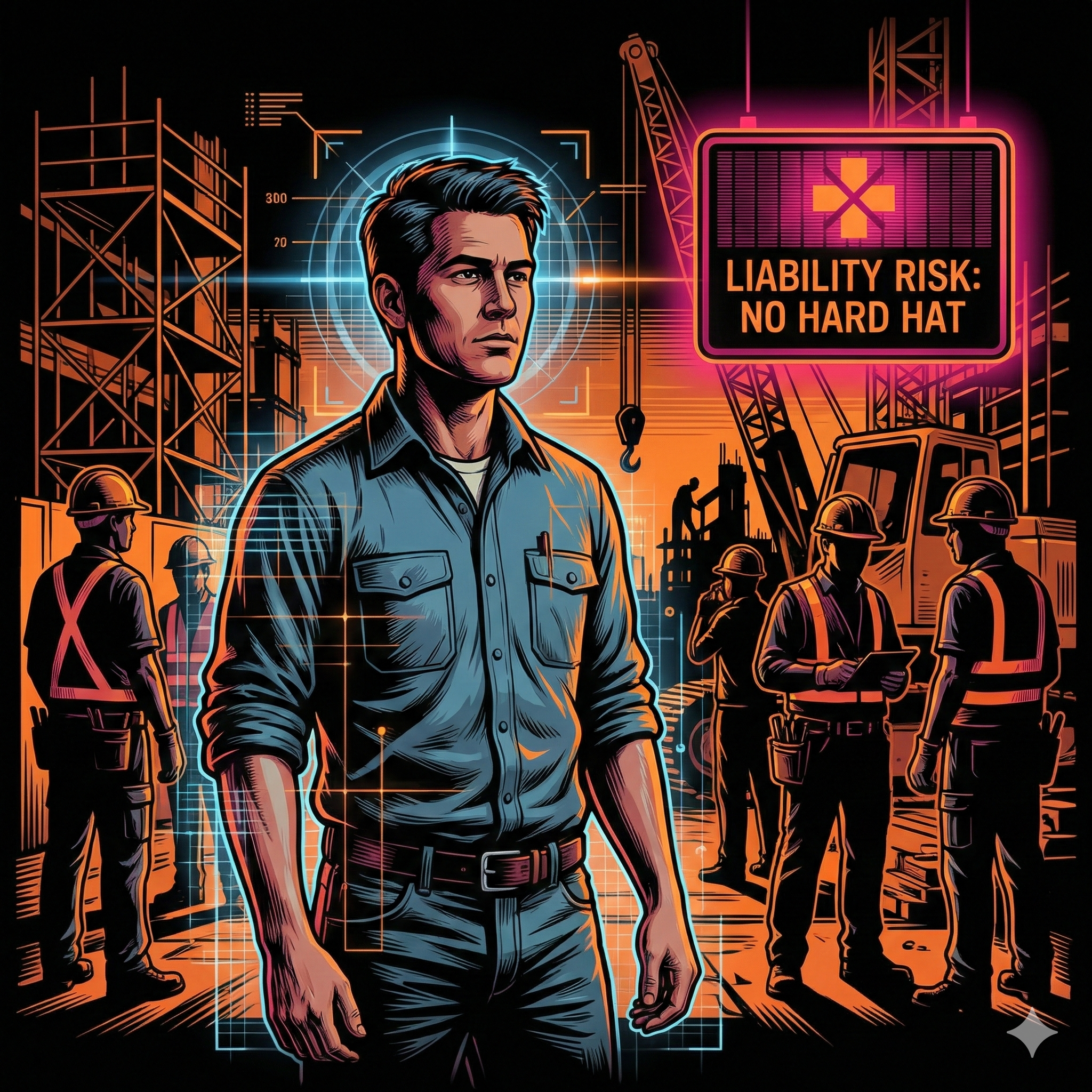 Worker without hard hat in construction zone with safety warning overlay