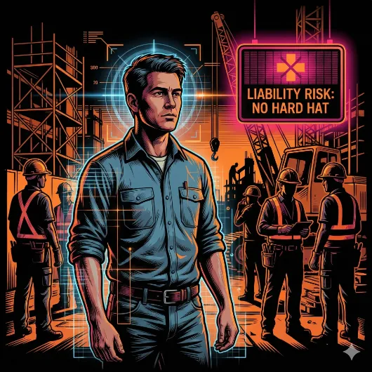 Worker without hard hat in construction zone with safety warning overlay