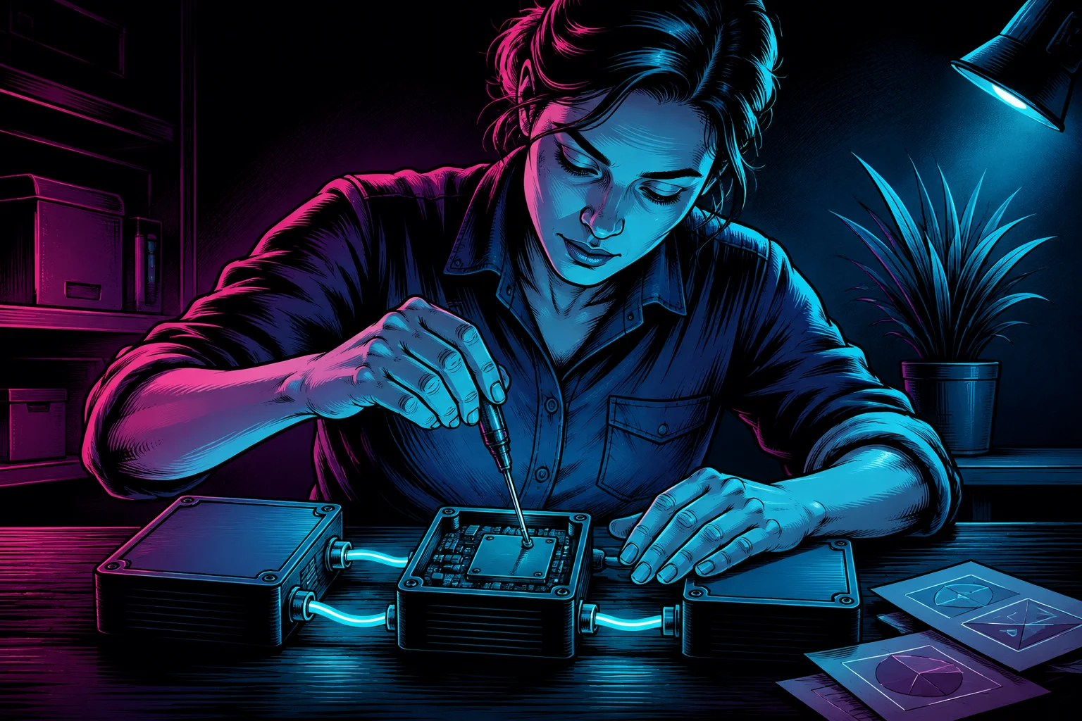 An engineer studies a connected system at a workbench, in StarForge’s neon ink style.