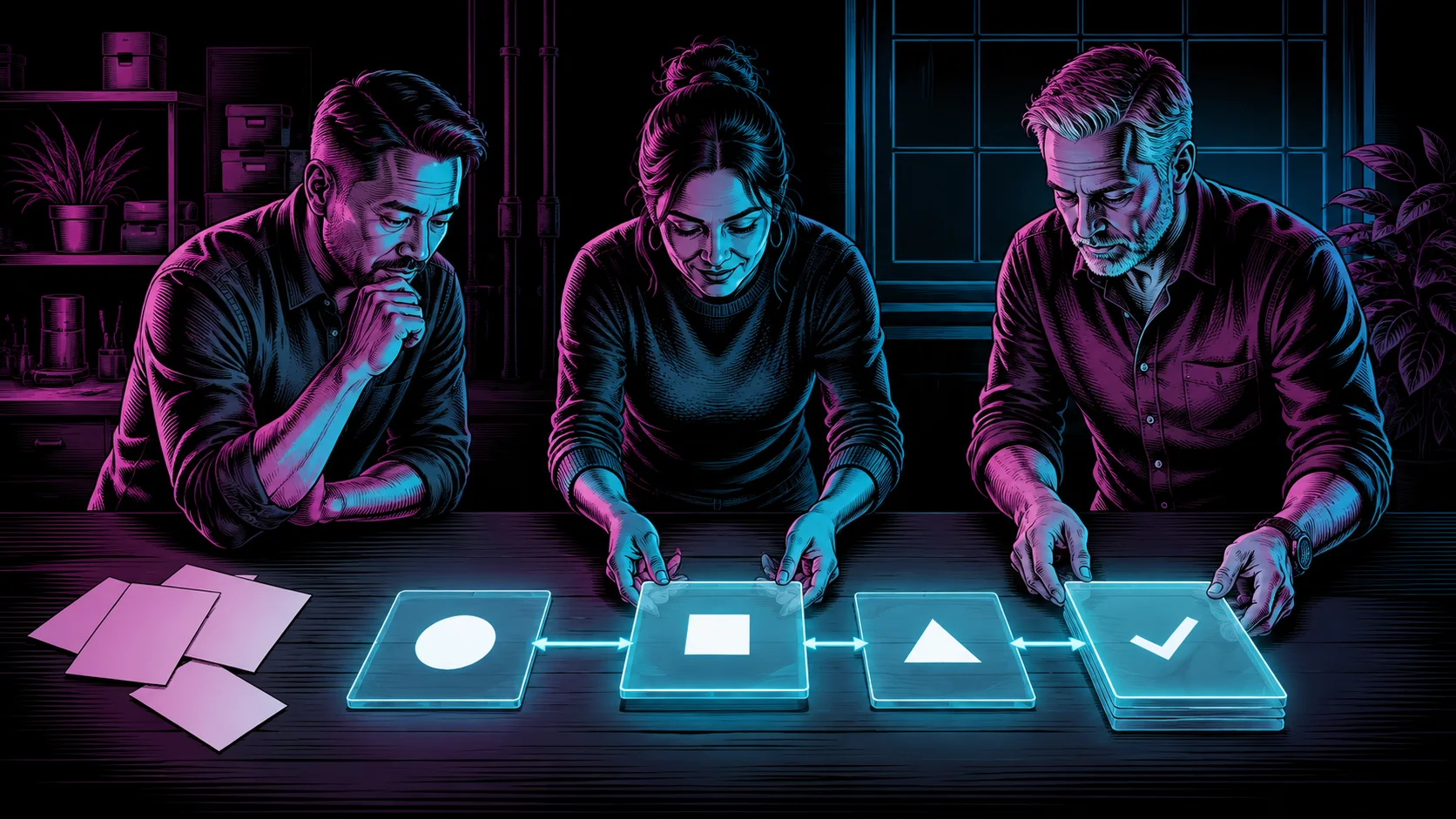 Two people connecting the pieces of a workflow, illustrated in cyan and magenta.