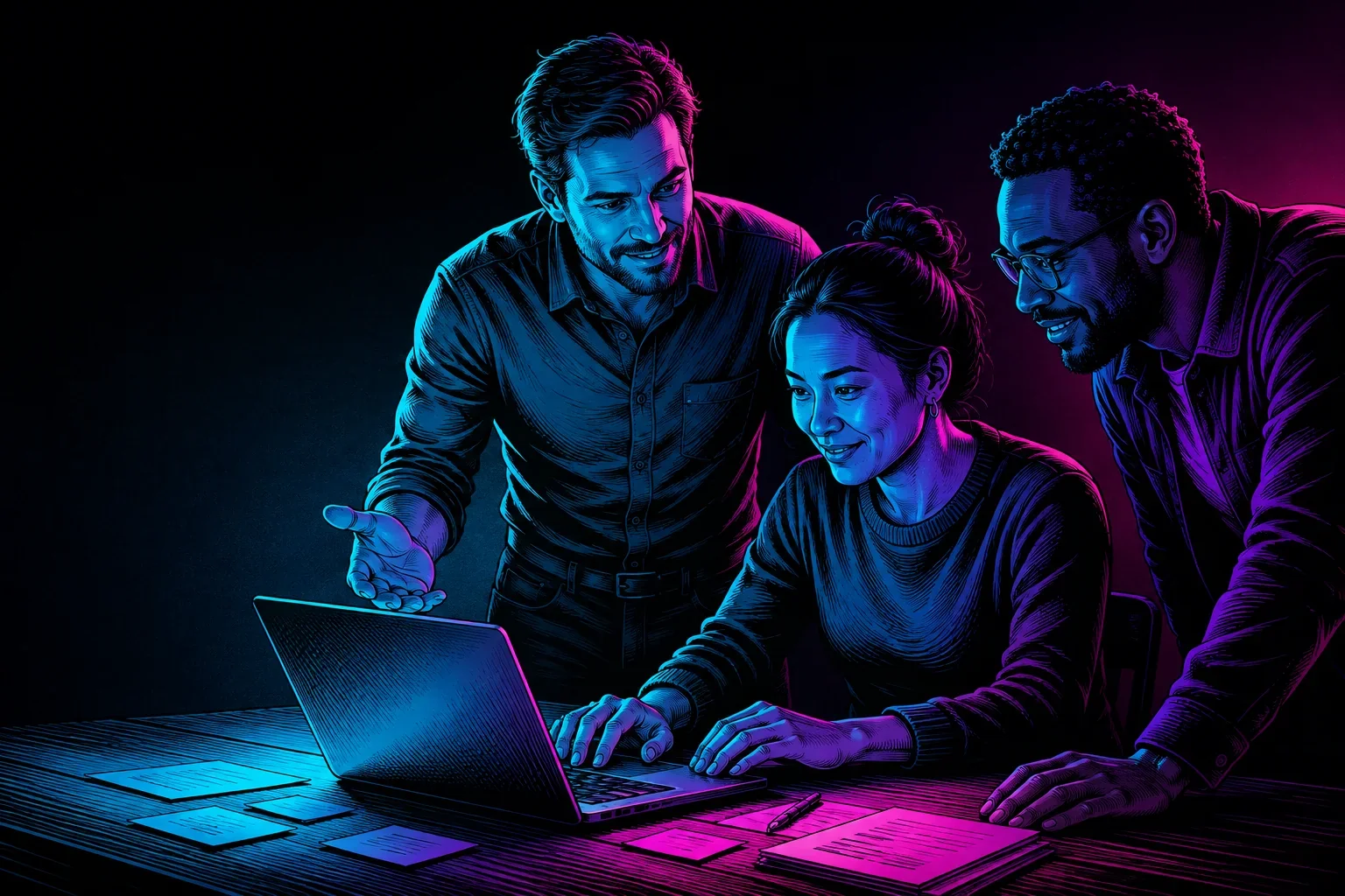 A team works through an AI exercise together, illustrated in StarForge’s cyan and magenta ink style.