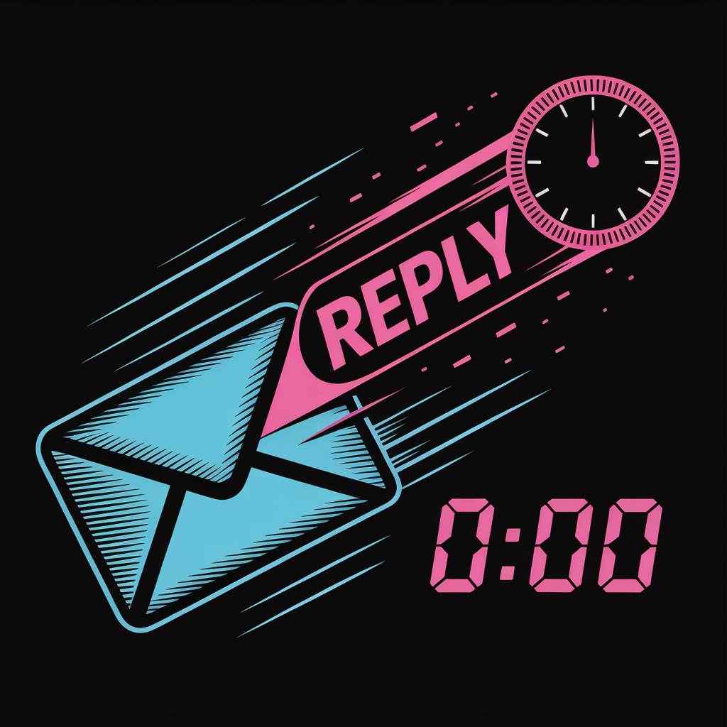 Email envelope opening and sending instant reply with speed trail showing immediate response