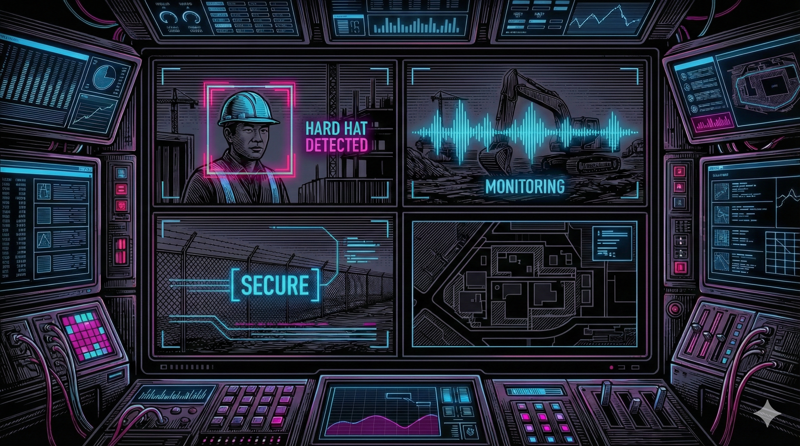 Split screen showing multiple jobsite camera feeds with AI overlays detecting safety equipment and monitoring equipment status