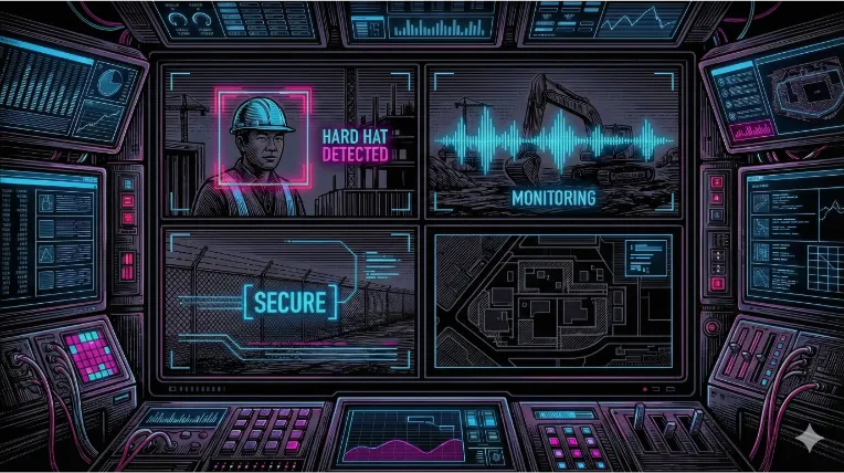 Split screen showing multiple jobsite camera feeds with AI overlays detecting safety equipment and monitoring equipment status