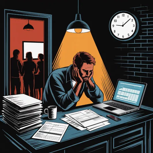 Tired business owner doing paperwork alone at kitchen table late at night while family is in background