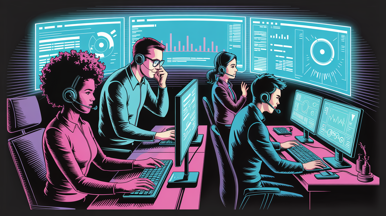 StarForge team working together at mission control center with holographic dashboards showing client operations