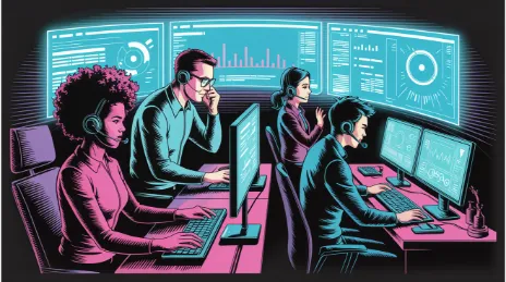 StarForge team working together at mission control center with holographic dashboards showing client operations