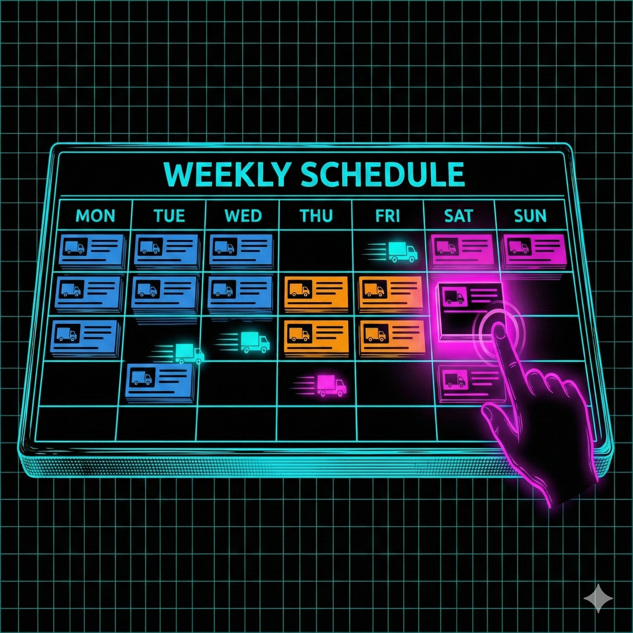 Perfectly organized weekly calendar grid with color-coded appointments and AI cursor placing new booking