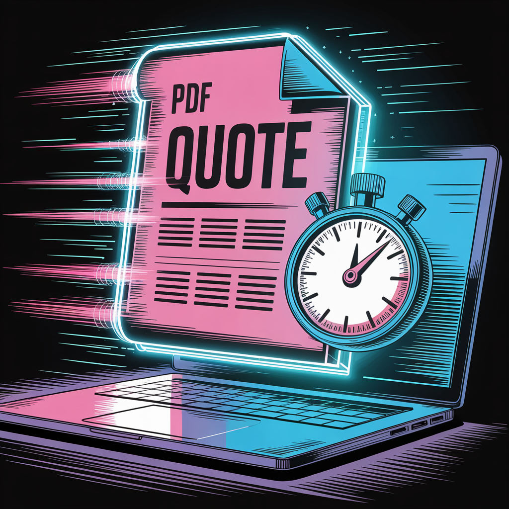 Professional PDF quote document being generated in under 60 seconds with stopwatch showing speed