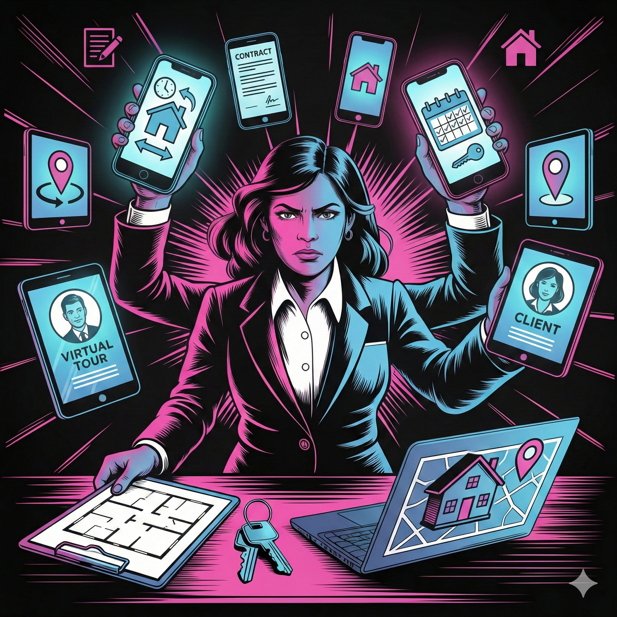 Real estate agent juggling multiple phones while trying to lock up a property after a showing