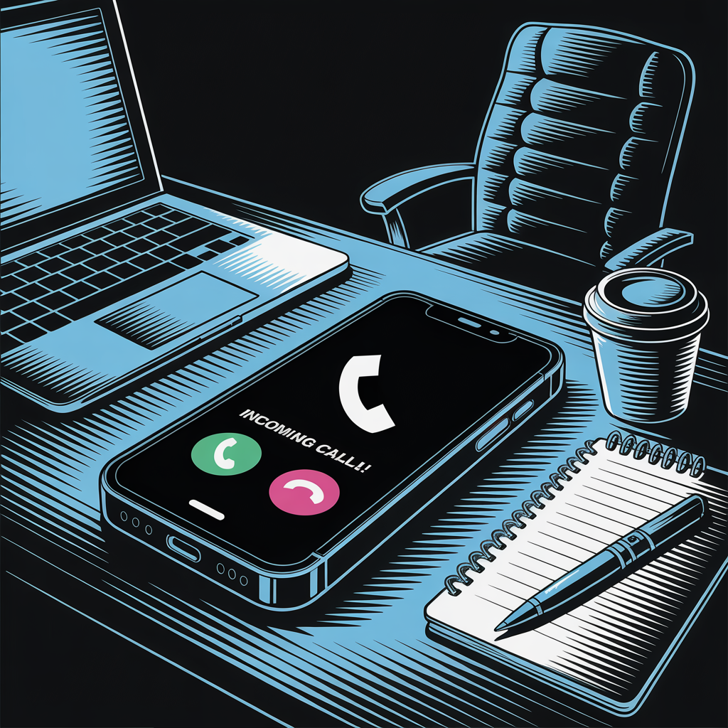 Smartphone ringing unanswered on a desk surrounded by work materials