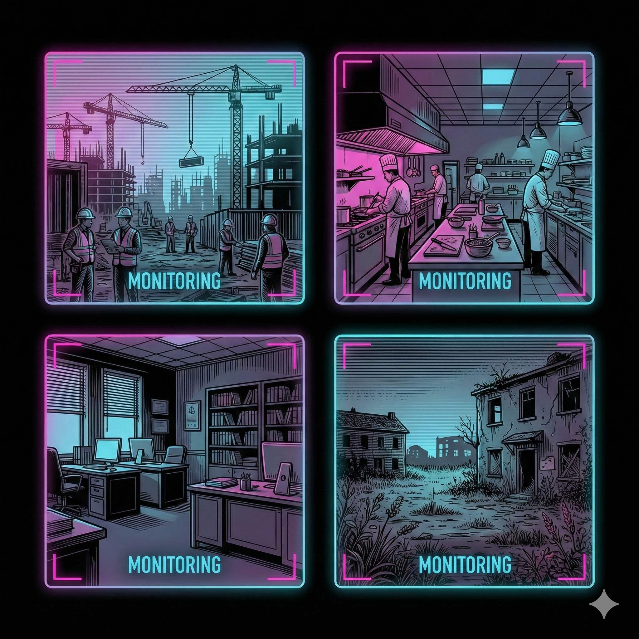 Multiple camera feeds with AI overlay detecting safety compliance and equipment status