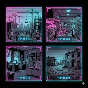 Multiple camera feeds with AI overlay detecting safety compliance and equipment status