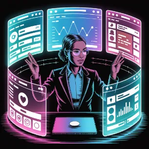 Person managing multiple social media platforms displayed on holographic screen