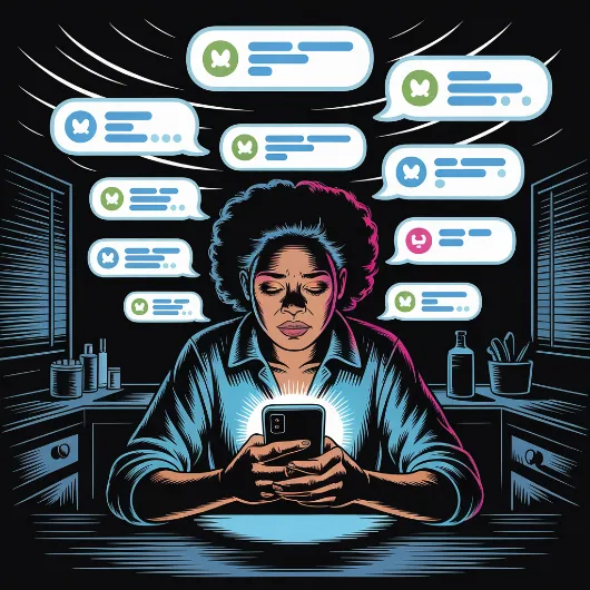 Exhausted business owner at table with spiral of text message bubbles swirling around them