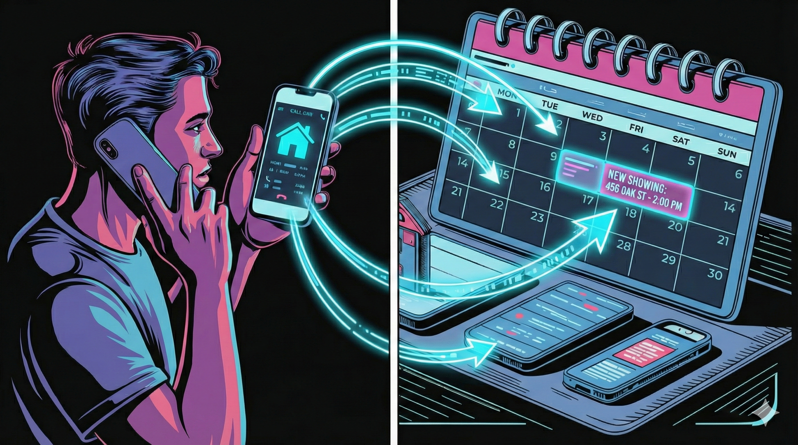 Split view showing buyer inquiry and agent calendar syncing automatically