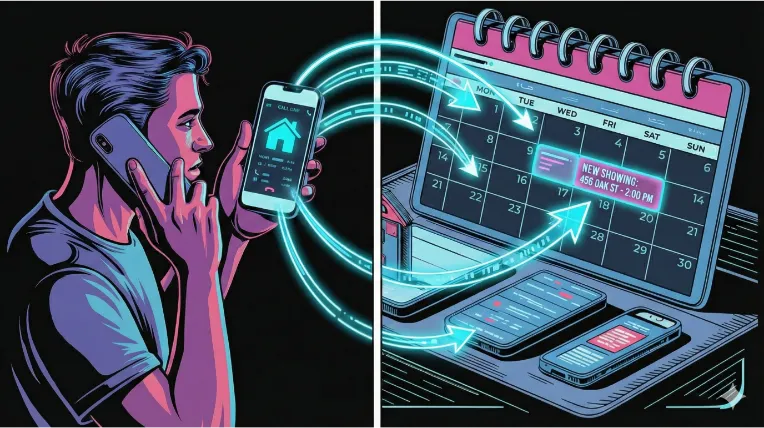 Split view showing buyer inquiry and agent calendar syncing automatically