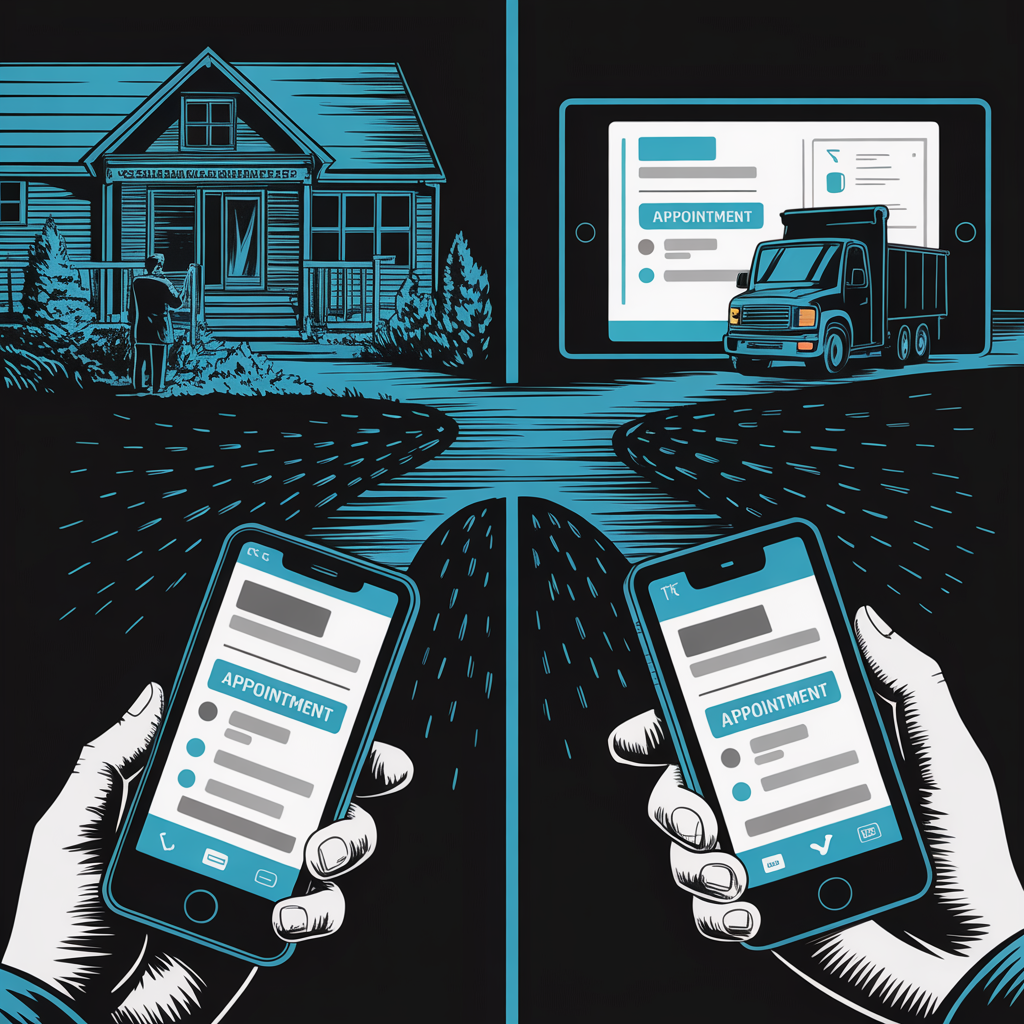 Split view showing customer on phone and business owner's devices updating simultaneously with appointment