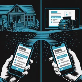 Split view showing customer on phone and business owner's devices updating simultaneously with appointment