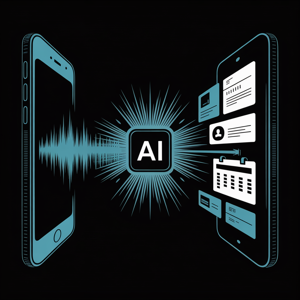 Voice waves entering phone and transforming into organized data cards and calendar entries