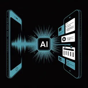 Voice waves entering phone and transforming into organized data cards and calendar entries